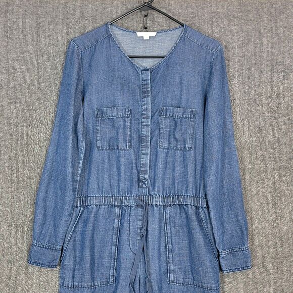Loft Jumpsuit Womens XS Blue Chambray Long Sleeve V-Neck Lyocell Linen Blend - Picture 2 of 16